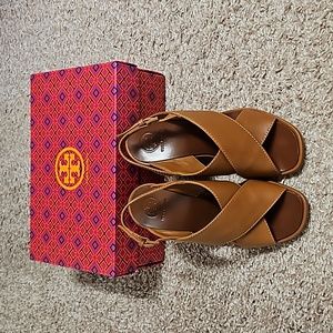 Brown Tory Burch Gabrielle wedges, size 5, $150